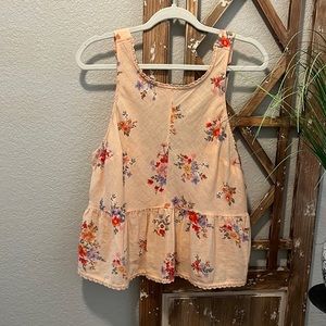 American Eagle Large Cotton Linen Blend Peach w Red and Purple Floral Tank